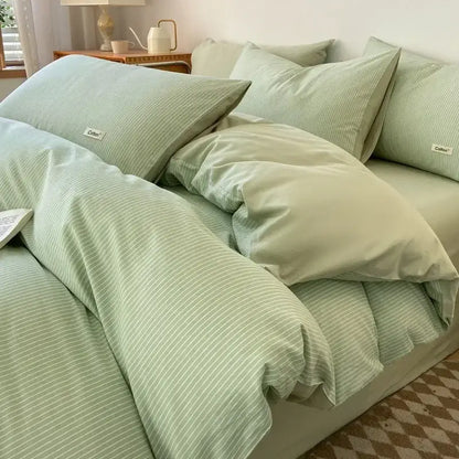 Striped beige & blue cotton bedding set bedroom fitted sheet