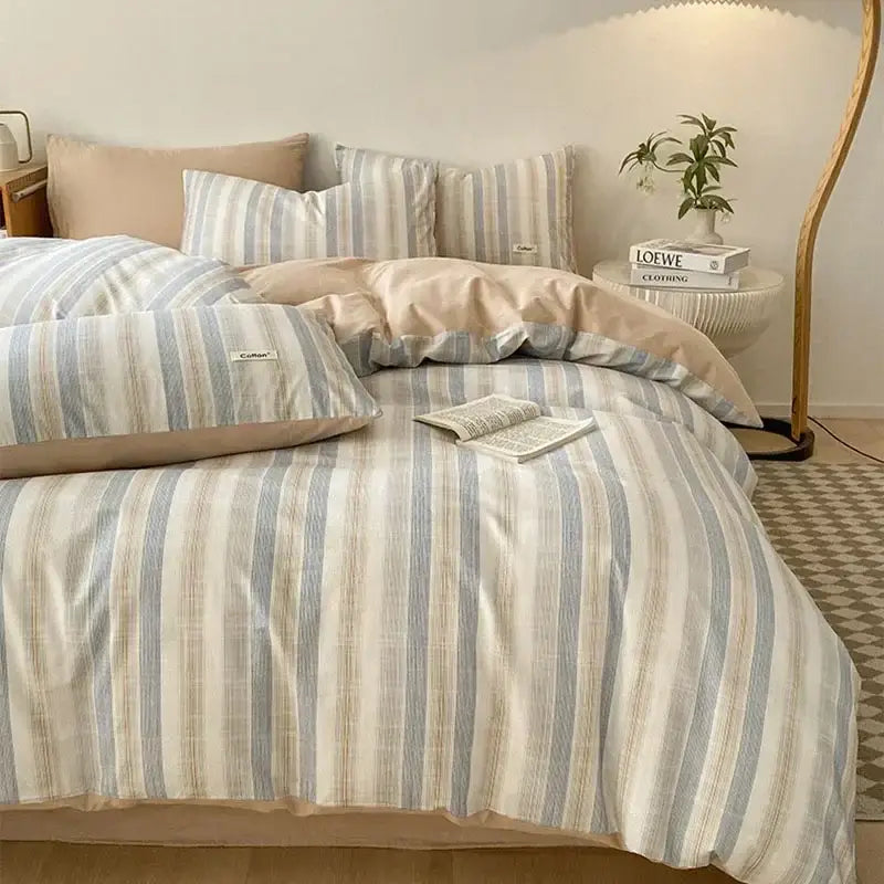 Striped beige & blue cotton bedding set bedroom fitted sheet