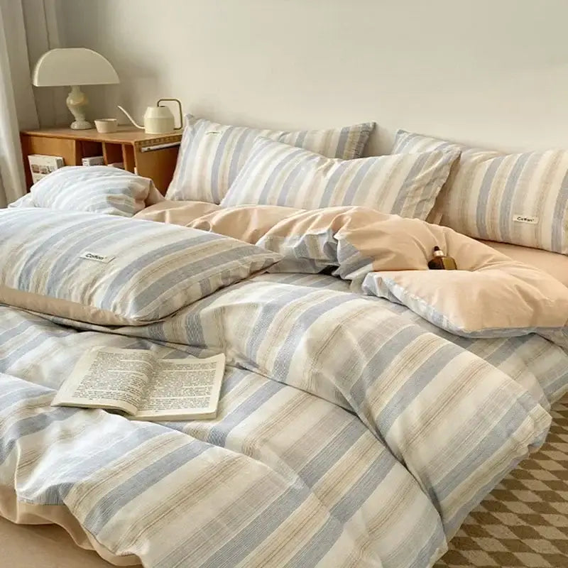 Striped beige & blue cotton bedding set bedroom fitted sheet