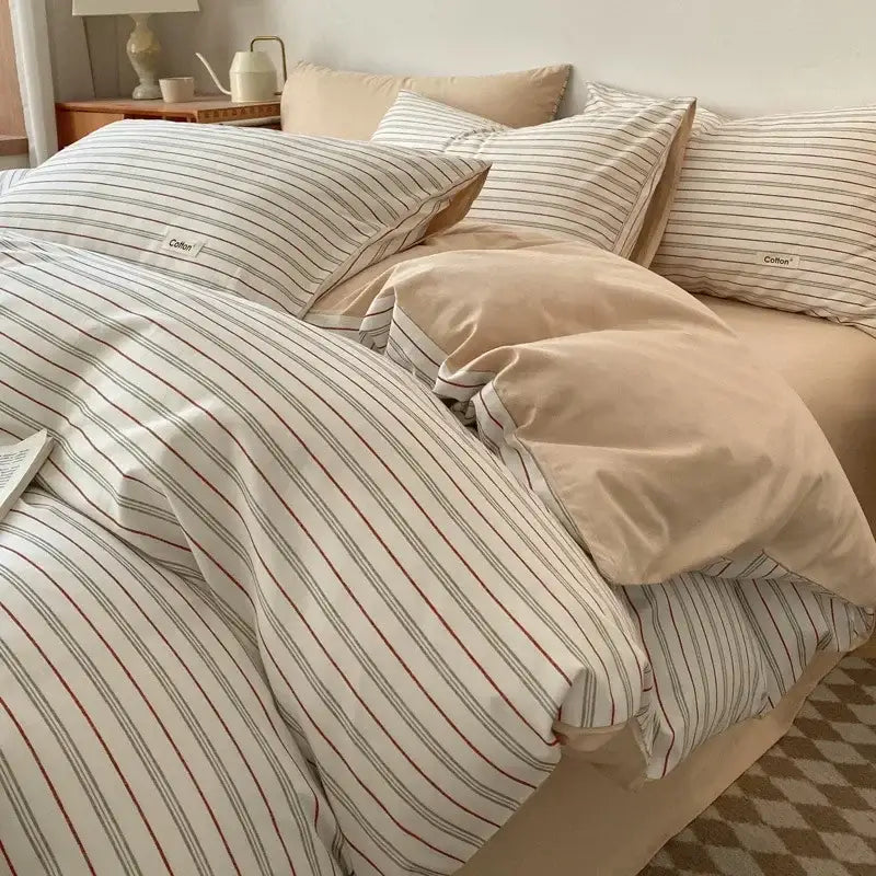 Striped beige & blue cotton bedding set bedroom fitted sheet