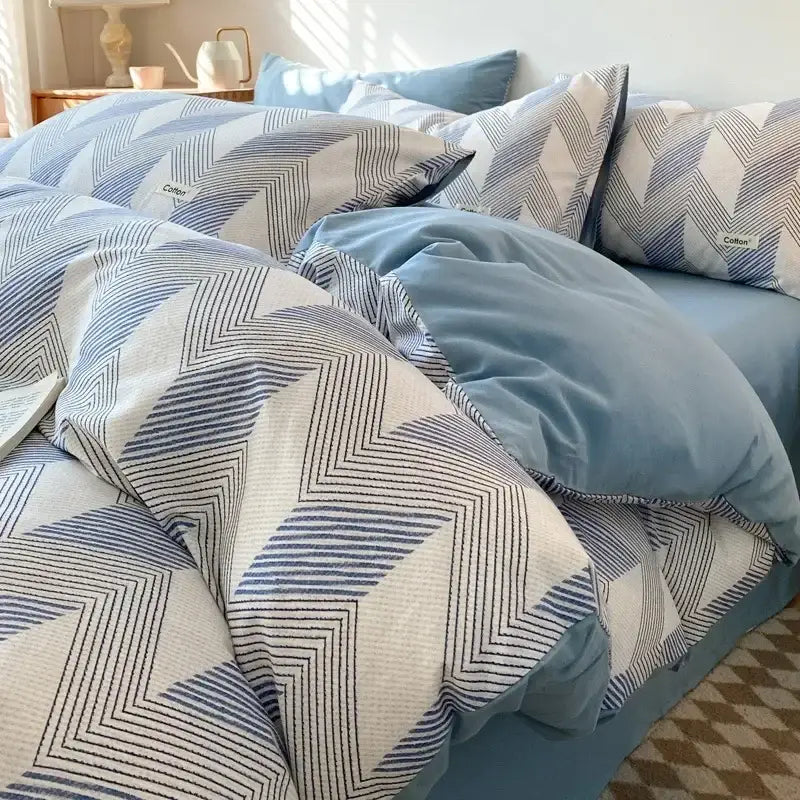Striped beige & blue cotton bedding set bedroom fitted sheet