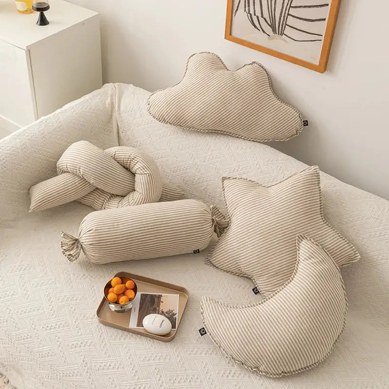 Striped beige & cream corduroy cloud star kids bedroom pillow