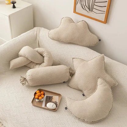 Striped beige & cream corduroy cloud star kids bedroom pillow