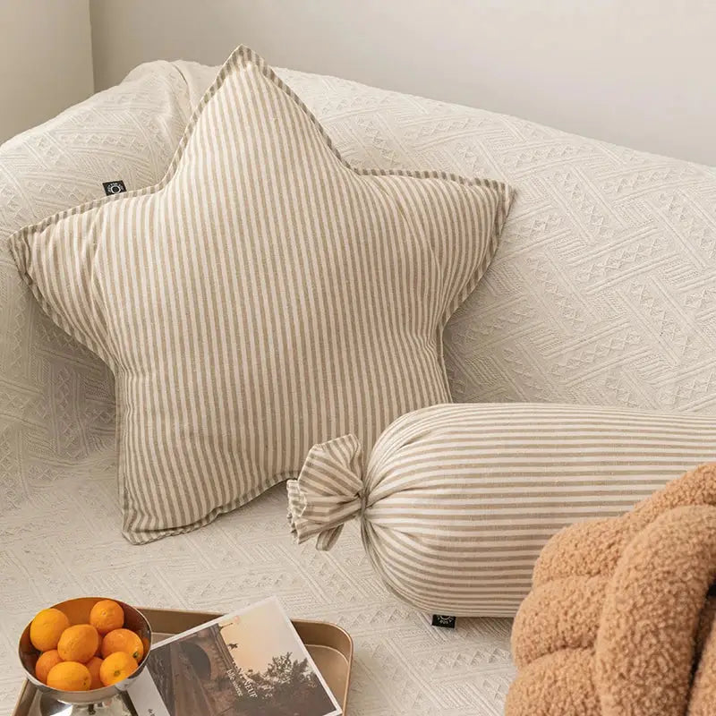 Striped beige & cream corduroy cloud star kids bedroom pillow