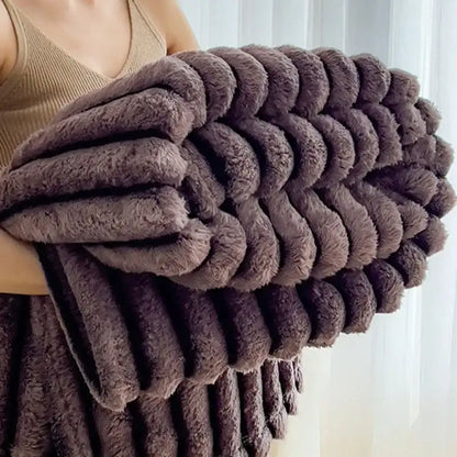 Striped gray & black faux rabbit plush blanket bedroom throw