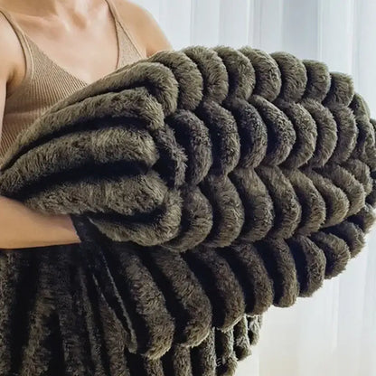 Striped gray & black faux rabbit plush blanket bedroom throw