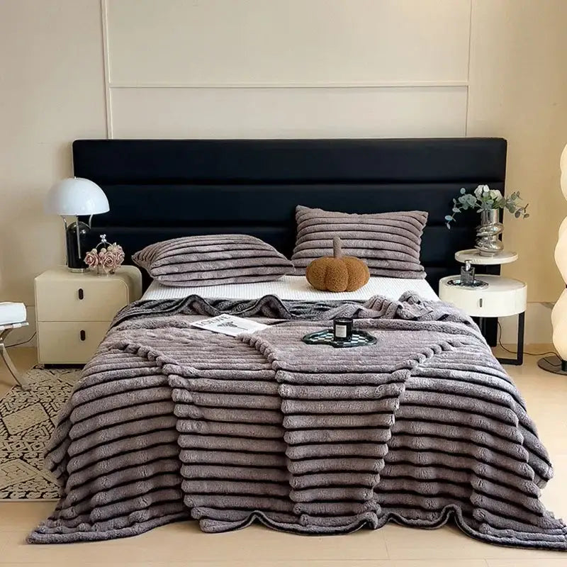 Striped gray & black faux rabbit plush blanket bedroom throw