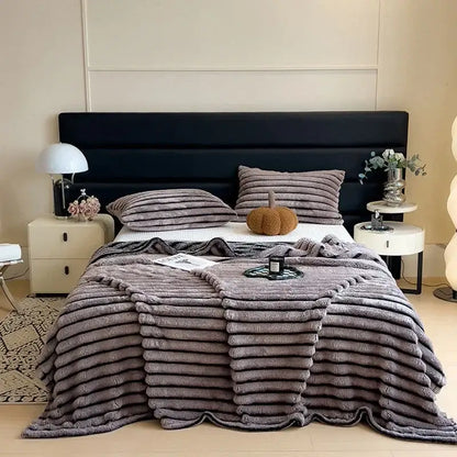Striped gray & black faux rabbit plush blanket bedroom throw
