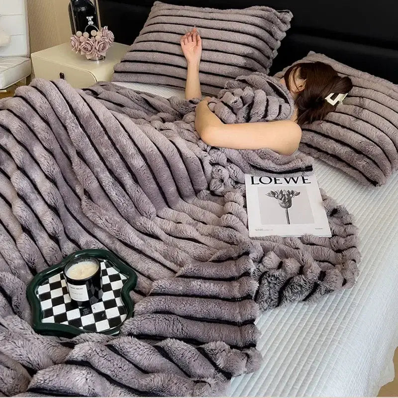 Striped gray & black faux rabbit plush blanket bedroom throw