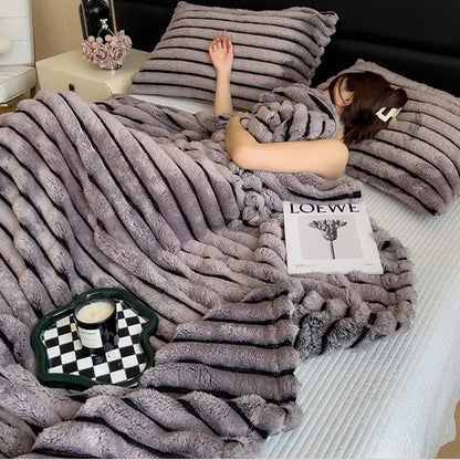 Striped gray & black faux rabbit plush blanket bedroom throw