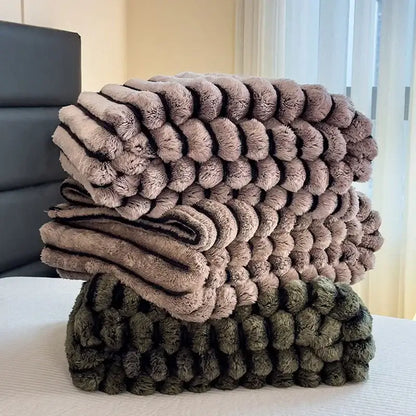 Striped gray & black faux rabbit plush blanket bedroom throw