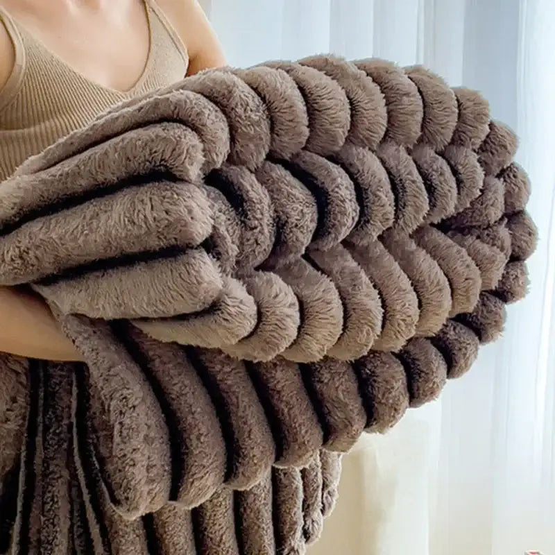 Striped gray & black faux rabbit plush blanket bedroom throw