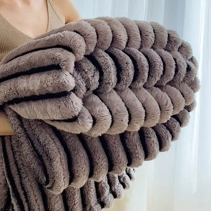 Striped gray & black faux rabbit plush blanket bedroom throw