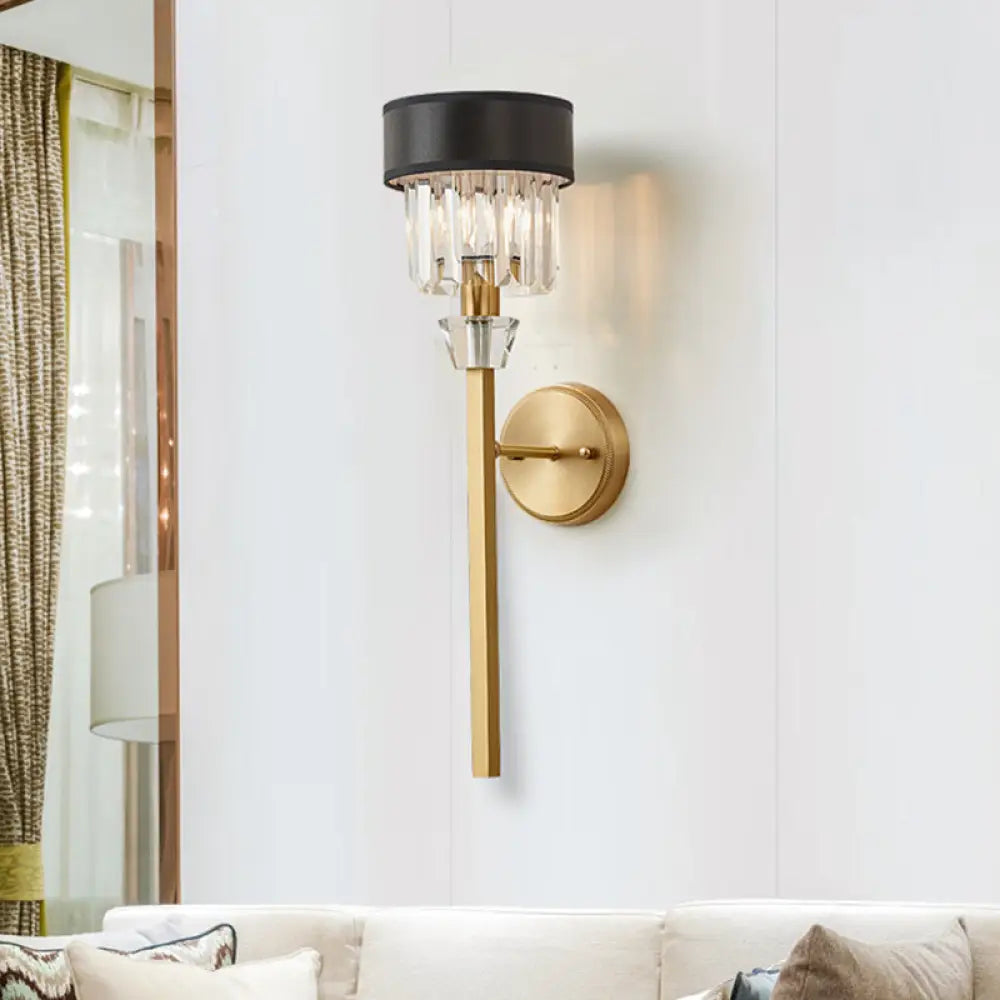 DecorBites™ Stylish 1-Light Crystal Wall Sconce with Fabric Shade and Brass Cylinder - Modern Wall Mount Light