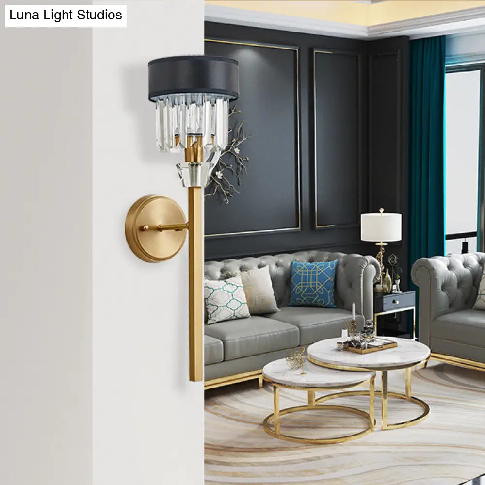 DecorBites™ Stylish 1-Light Crystal Wall Sconce with Fabric Shade and Brass Cylinder - Modern Wall Mount Light