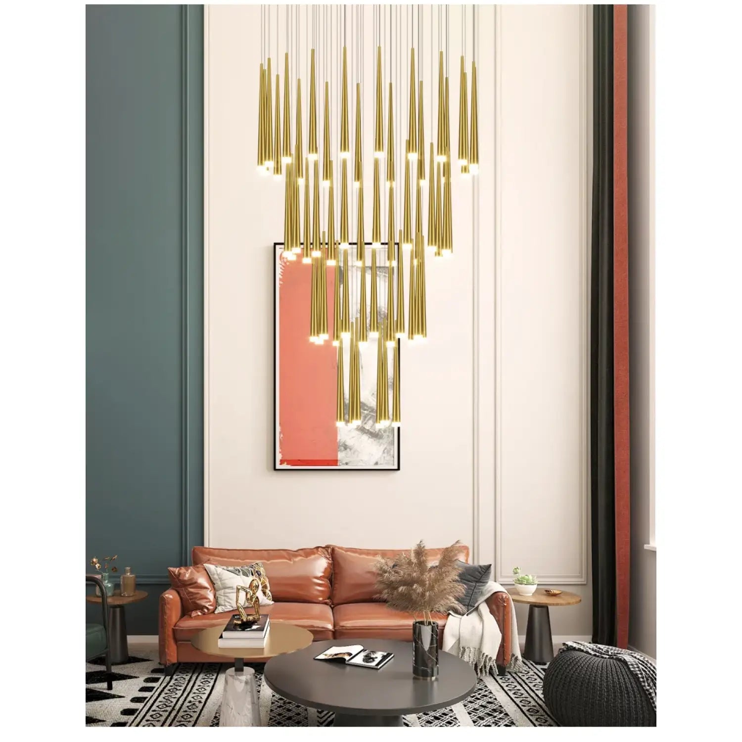 Stylish & Long Chandelier for Staircase with Compound Ring Design