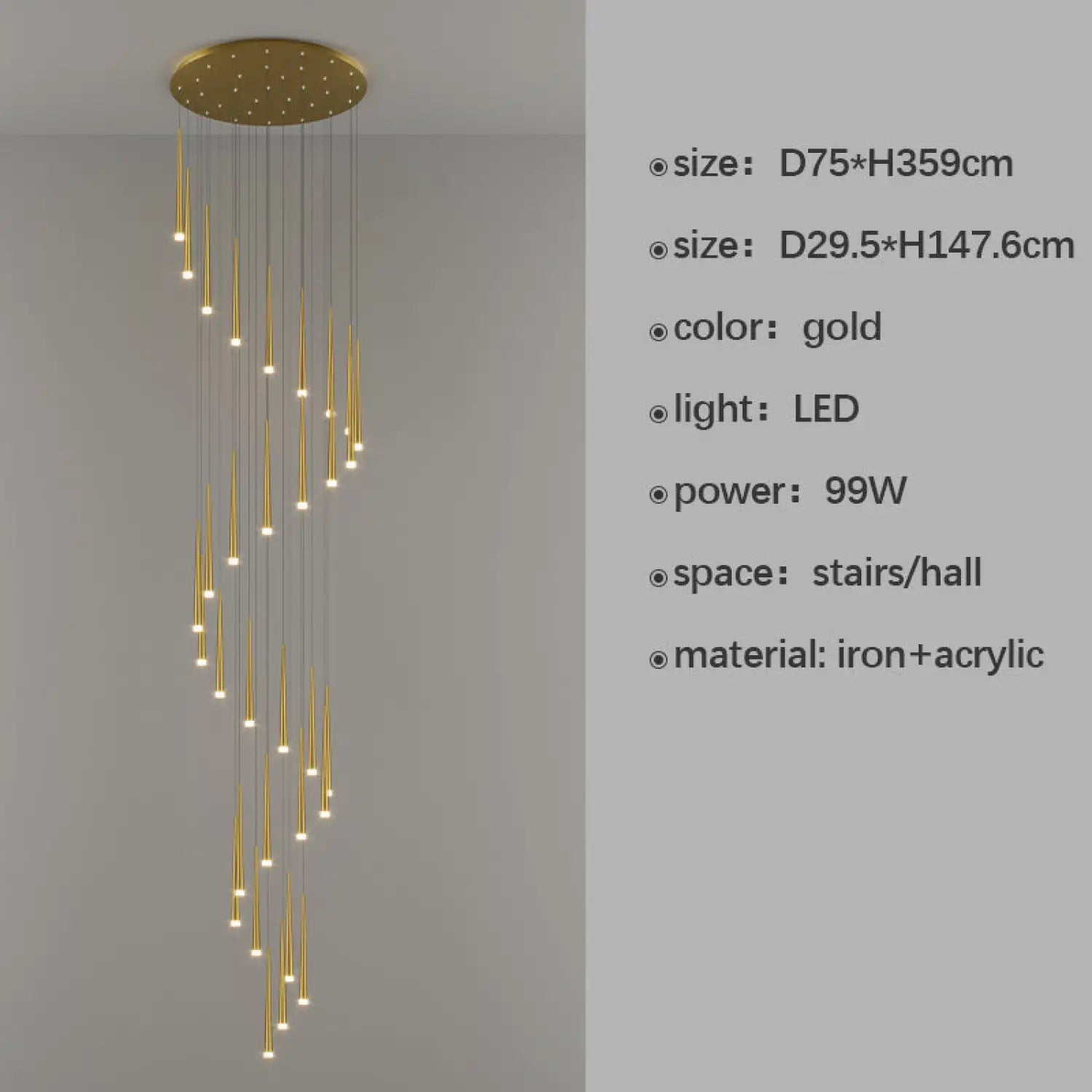Stylish & Long Chandelier for Staircase with Compound Ring Design