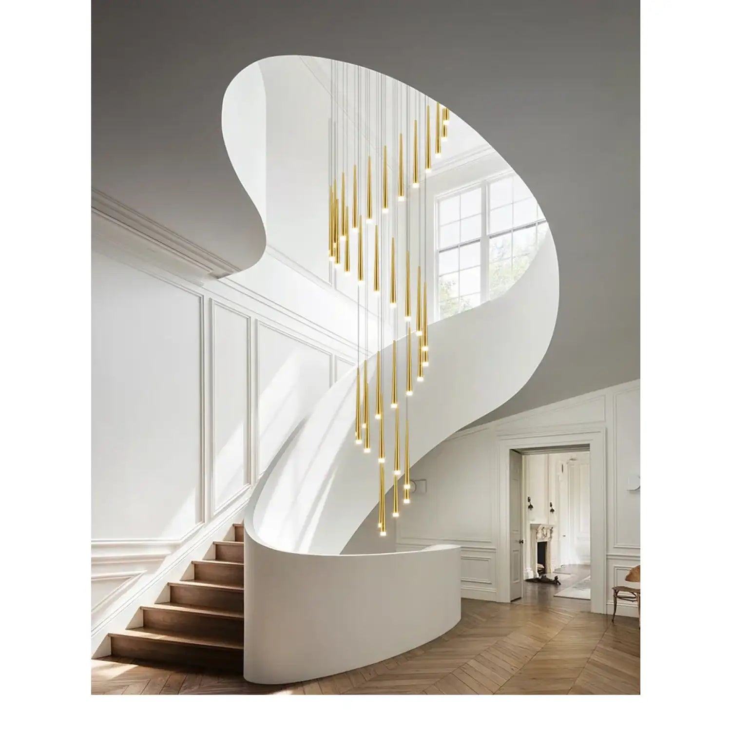 Stylish & Long Chandelier for Staircase with Compound Ring Design