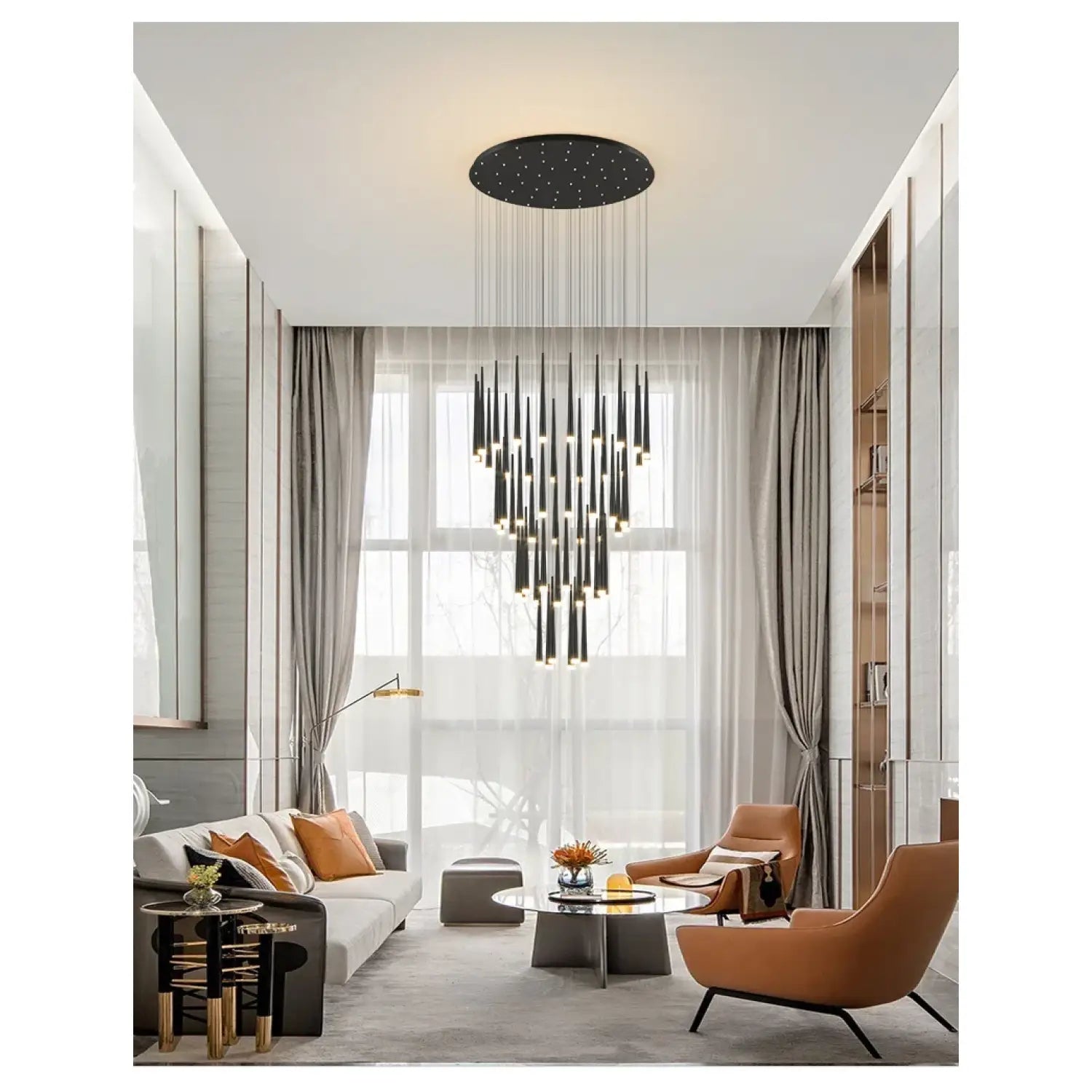 Stylish & Long Chandelier for Staircase with Compound Ring Design