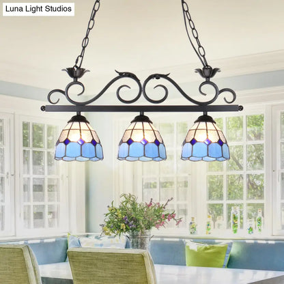 DecorBites™ Stylish Tiffany Pendant Light Fixture - Stainless Glass Blue Island Lighting with Grid Dome Shade, 3 Heads - Curved/Bird Design