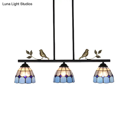 DecorBites™ Stylish Tiffany Pendant Light Fixture - Stainless Glass Blue Island Lighting with Grid Dome Shade, 3 Heads - Curved/Bird Design