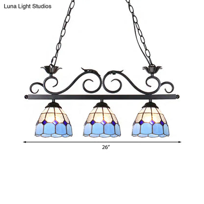 DecorBites™ Stylish Tiffany Pendant Light Fixture - Stainless Glass Blue Island Lighting with Grid Dome Shade, 3 Heads - Curved/Bird Design