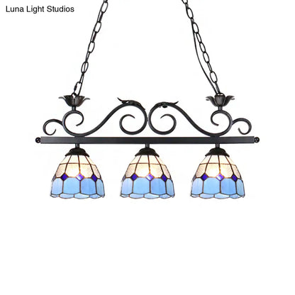 DecorBites™ Stylish Tiffany Pendant Light Fixture - Stainless Glass Blue Island Lighting with Grid Dome Shade, 3 Heads - Curved/Bird Design