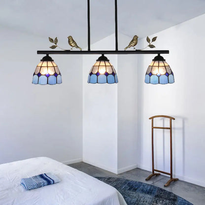 DecorBites™ Stylish Tiffany Pendant Light Fixture - Stainless Glass Blue Island Lighting with Grid Dome Shade, 3 Heads - Curved/Bird Design