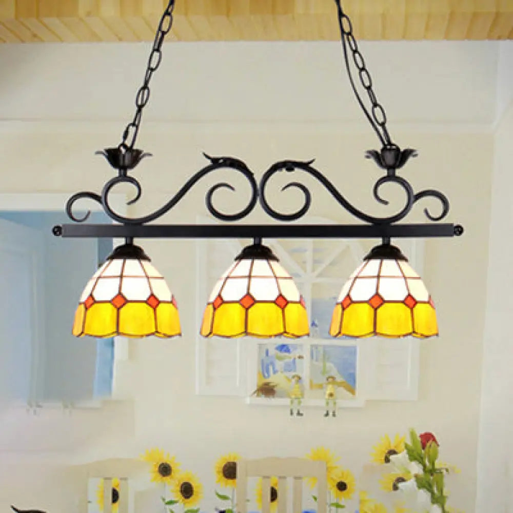 DecorBites™ Stylish Yellow Dome Island Lighting: Tiffany-Inspired 3-Light Pendant for Dining Room