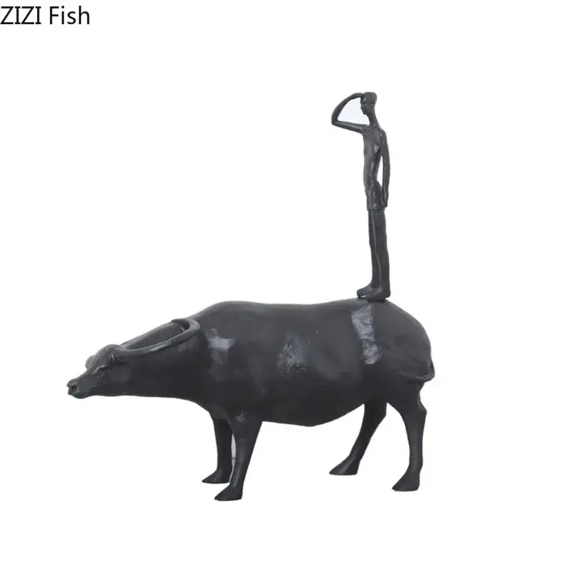 Stylized black matte metal cowherd shepherd boy sculpture living room