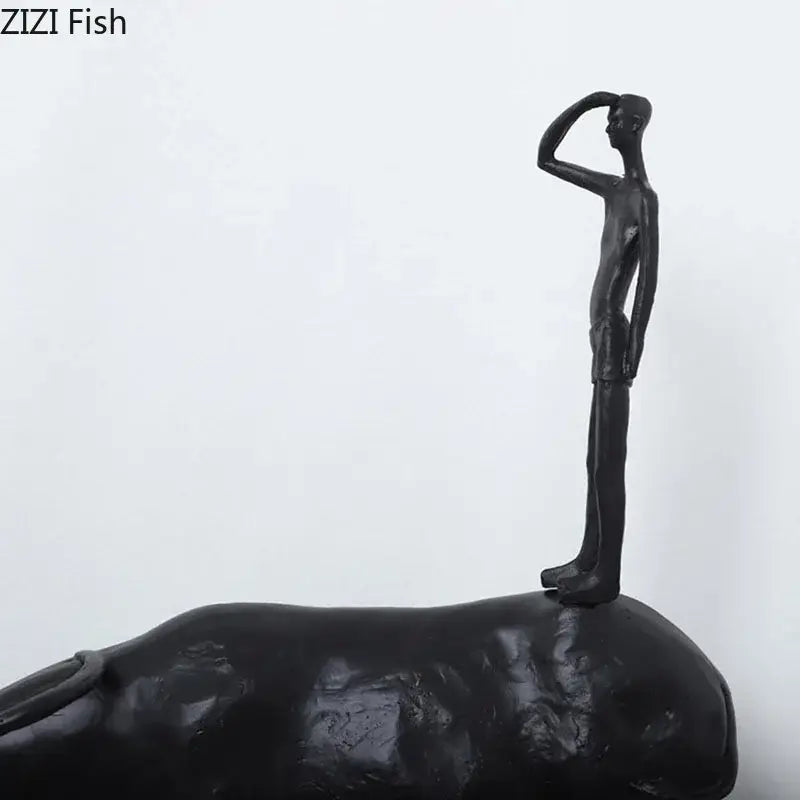 Stylized black matte metal cowherd shepherd boy sculpture living room