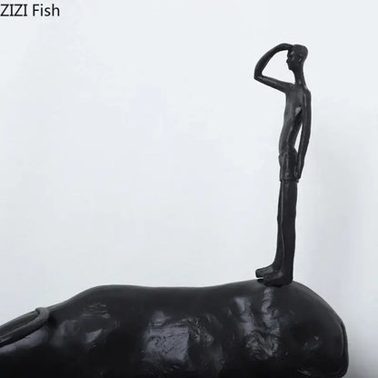 Stylized black matte metal cowherd shepherd boy sculpture living room