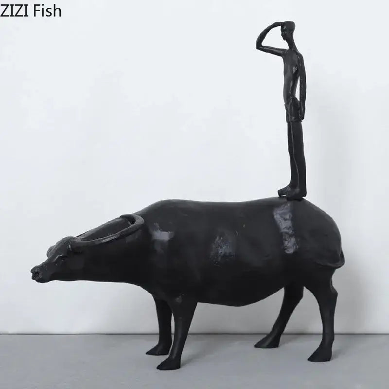 Stylized black matte metal cowherd shepherd boy sculpture living room