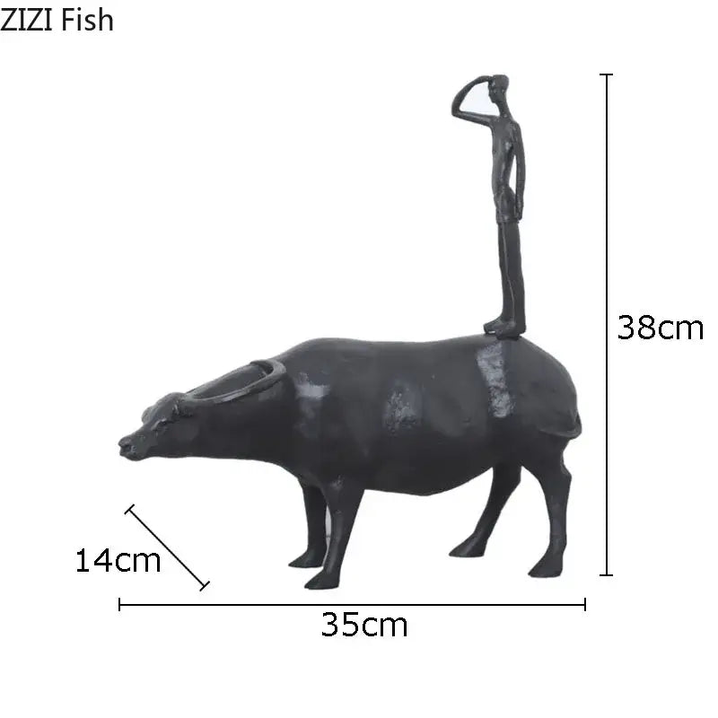 Stylized black matte metal cowherd shepherd boy sculpture living room