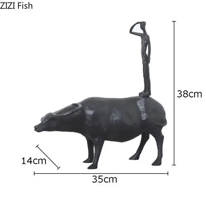 Stylized black matte metal cowherd shepherd boy sculpture living room