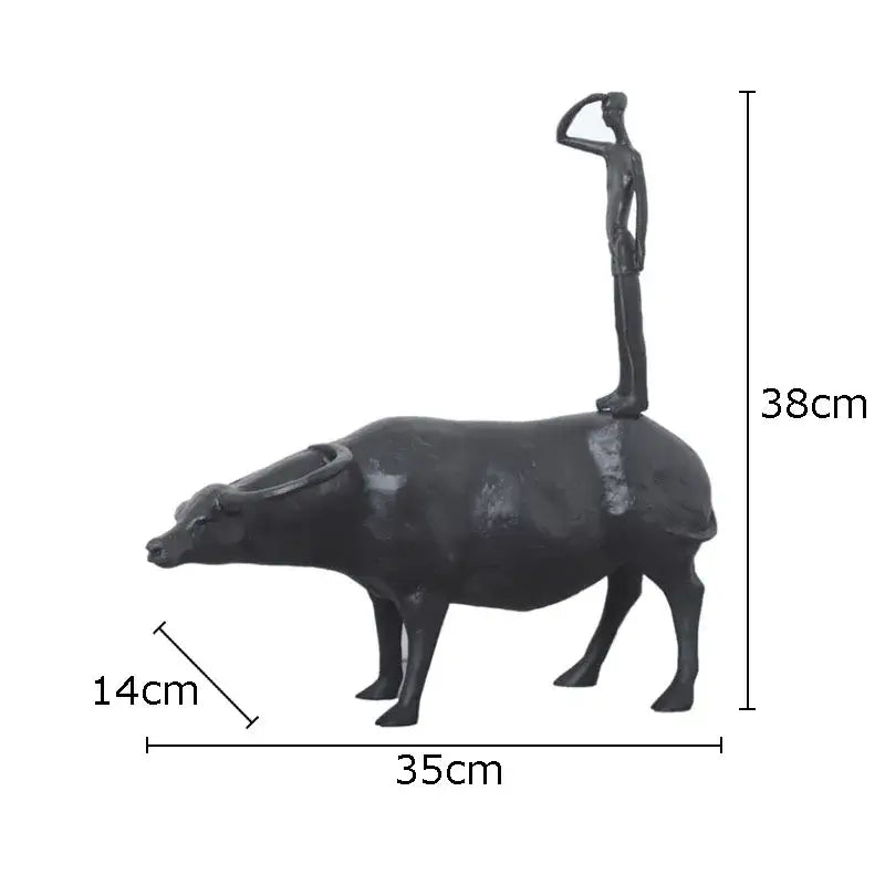 Stylized black matte metal cowherd shepherd boy sculpture living room