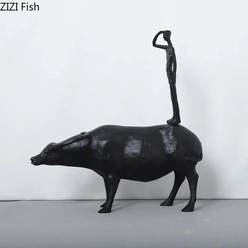 Stylized black matte metal cowherd shepherd boy sculpture living room