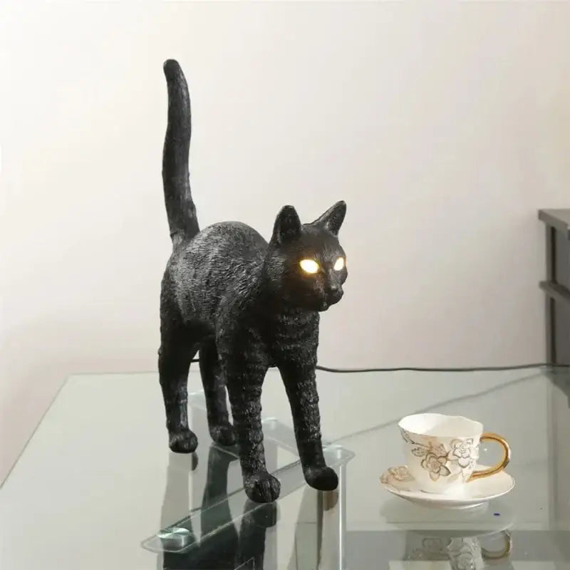 Stylized black & white cat resin table lamp for bedroom
