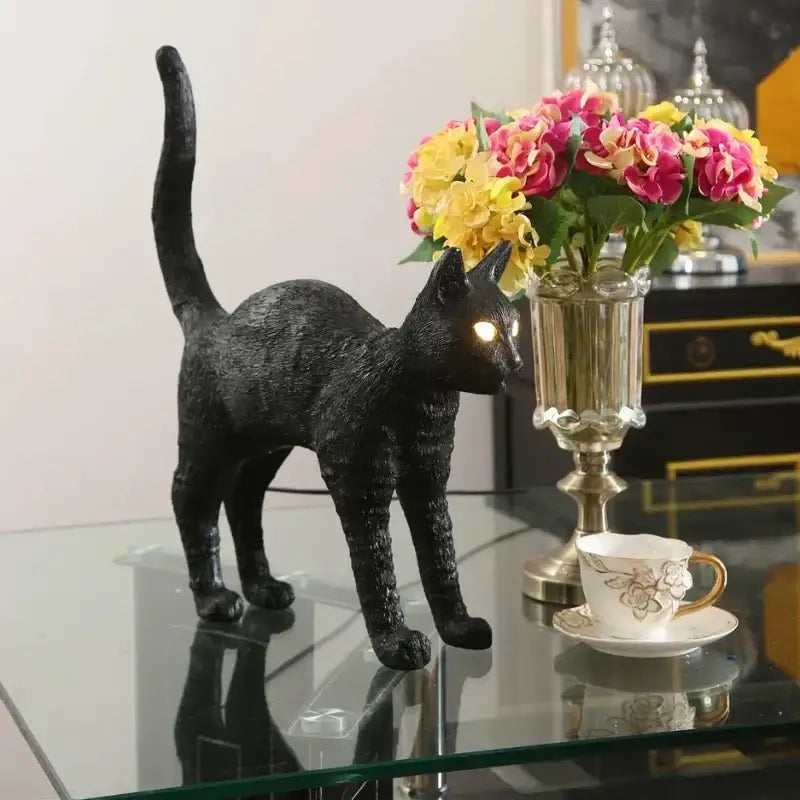 Stylized black & white cat resin table lamp for bedroom