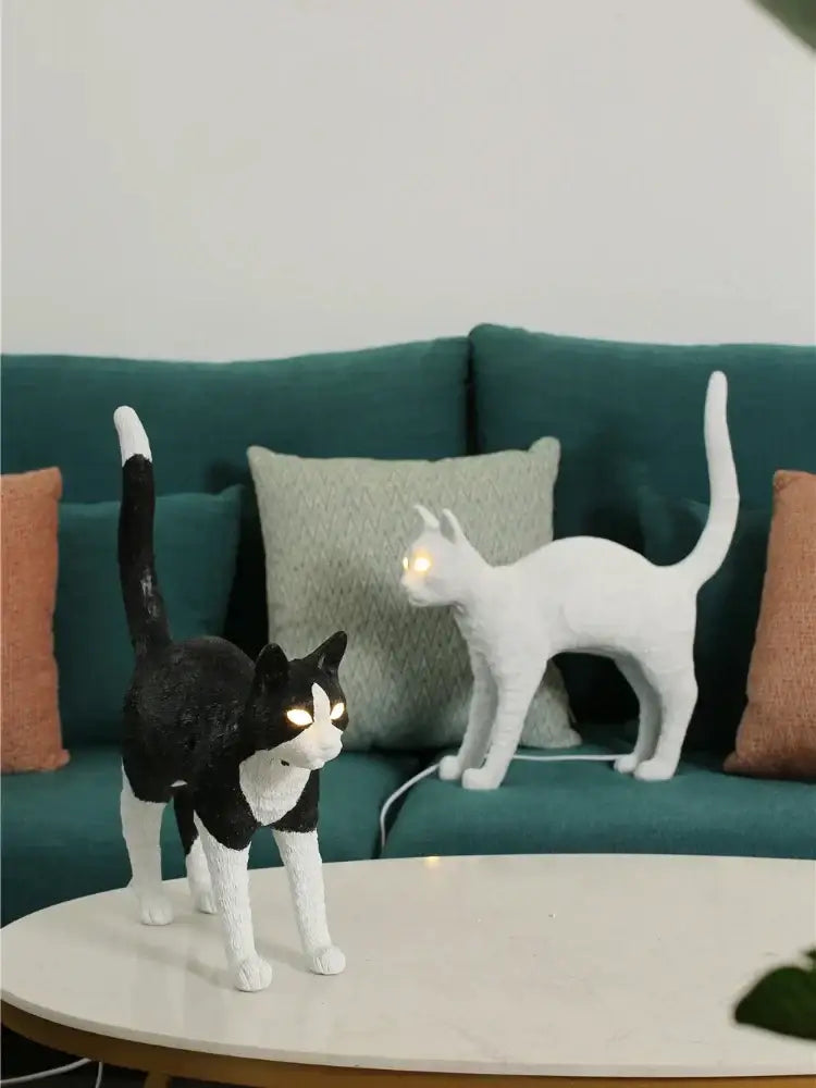 Stylized black & white cat resin table lamp for bedroom