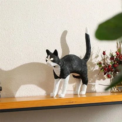 Stylized black & white cat resin table lamp for bedroom