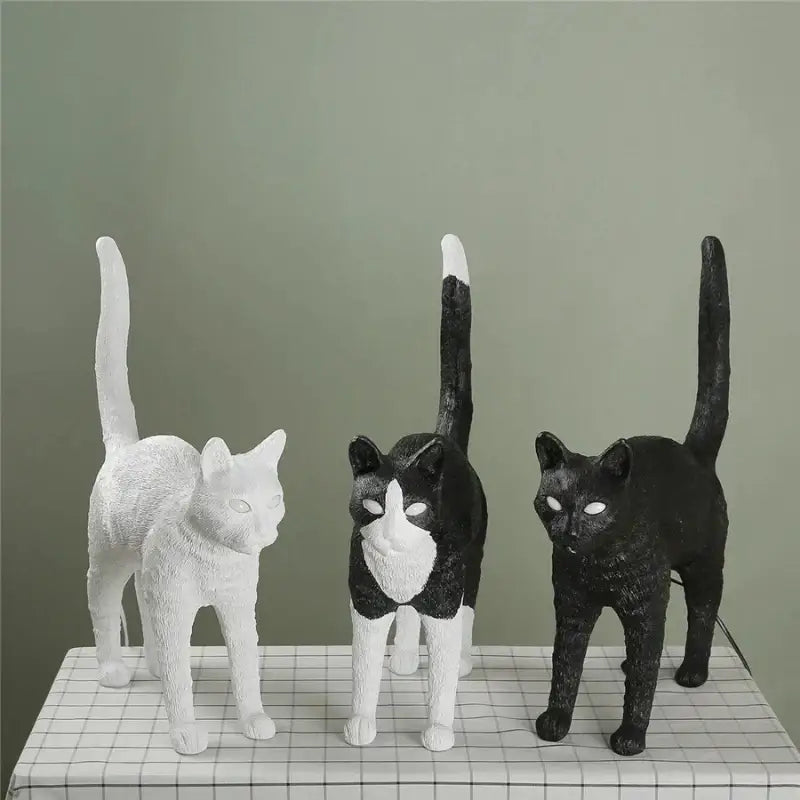 Stylized black & white cat resin table lamp for bedroom