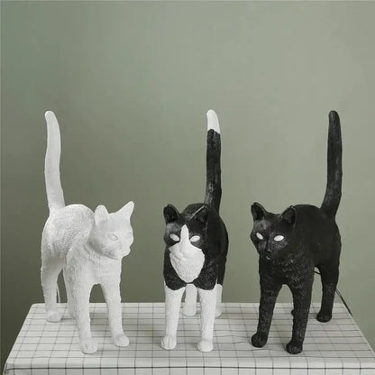 Stylized black & white cat resin table lamp for bedroom