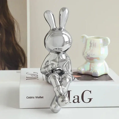 Stylized gold ceramic rabbit sculpture set living room decor
