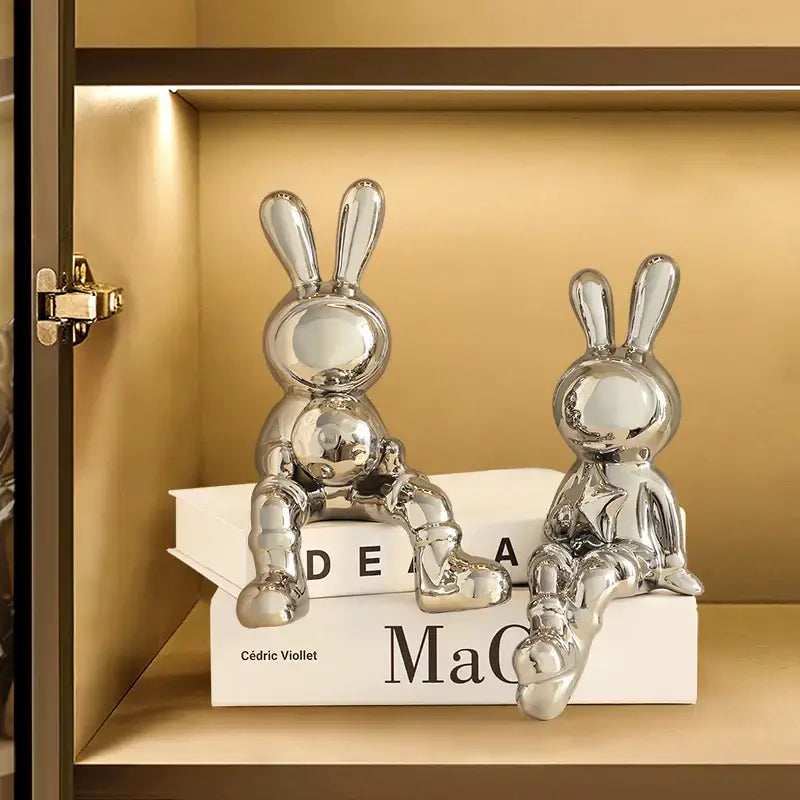 Stylized gold ceramic rabbit sculpture set living room decor