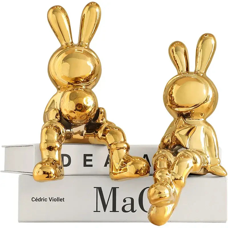 Stylized gold ceramic rabbit sculpture set living room decor