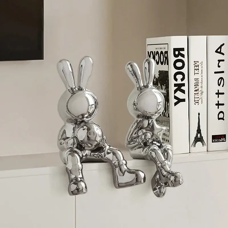 Stylized gold ceramic rabbit sculpture set living room decor