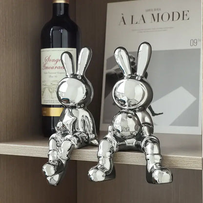 Stylized gold ceramic rabbit sculpture set living room decor