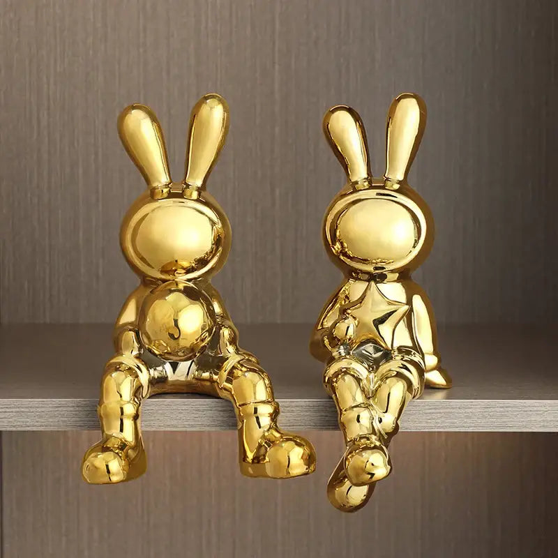 Stylized gold ceramic rabbit sculpture set living room decor