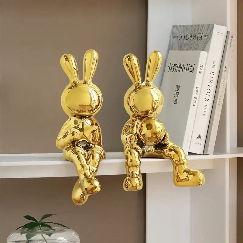 Stylized gold ceramic rabbit sculpture set living room decor
